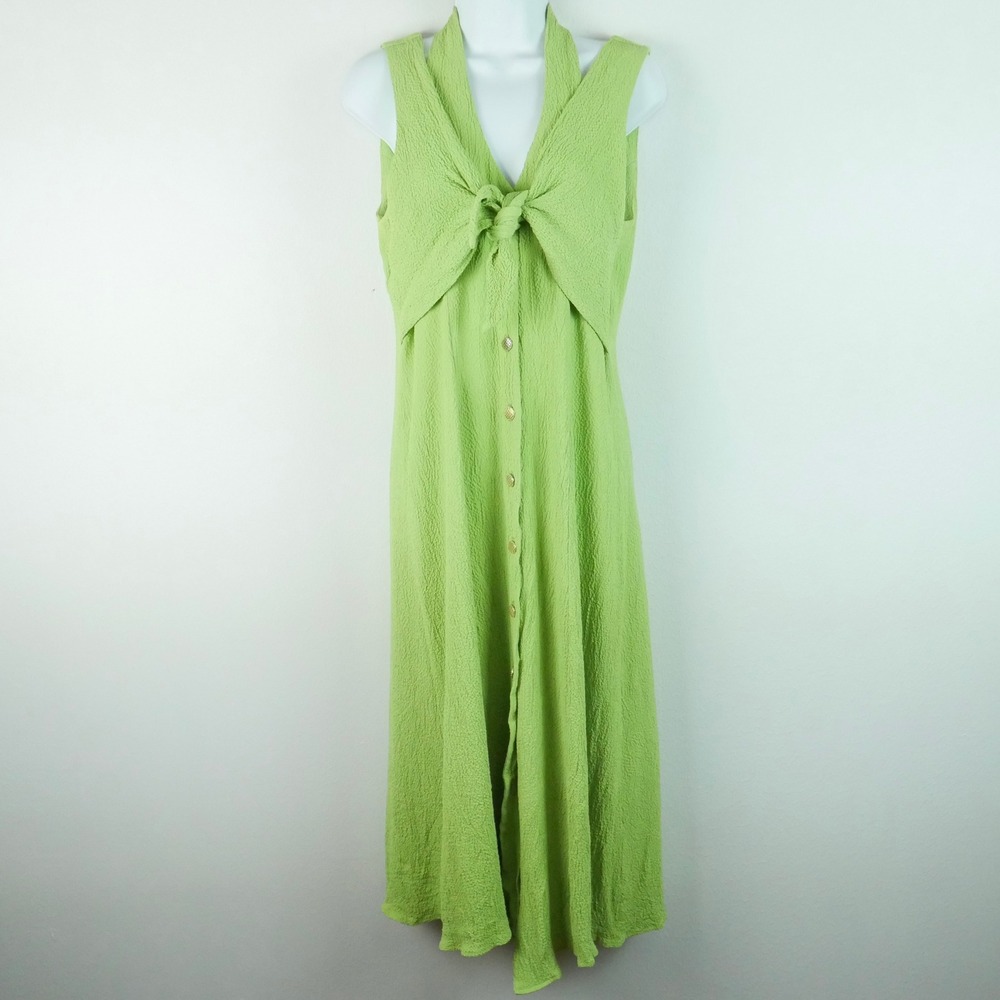 Vintage Gantos Lime Green Crinkle Crepe‎ Tie Front Button Midi Dress 90s 14 Glam